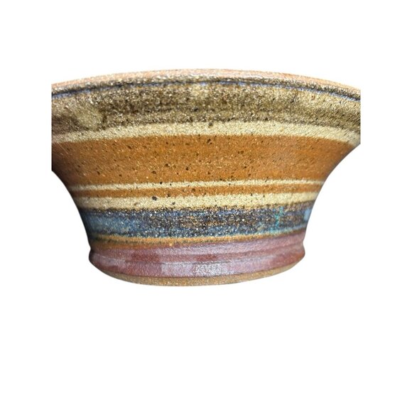Vintage 1970s Hand Thrown Stoneware Stripe Earth-tone Planter Pot Bowl 9" x 3.5" - Picture 5 of 9